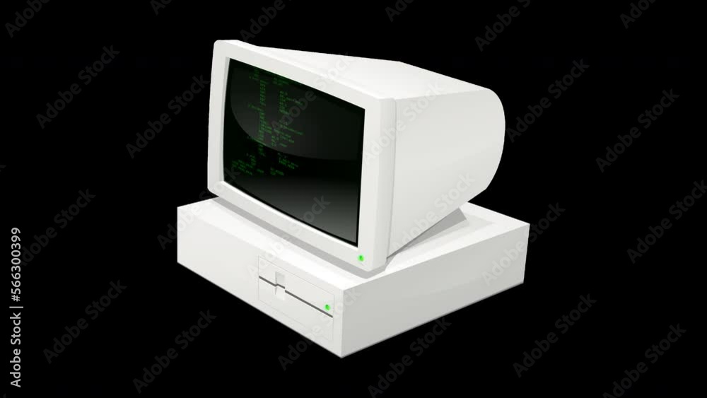 Loop animation of an 80's desktop computer with its floppy disk drive and black screen with scrolling green lines of code isolated with alpha channel Loop animation of an 80's desktop computer with its floppy disk drive and black screen with scrolling green lines of code isolated with alpha channel