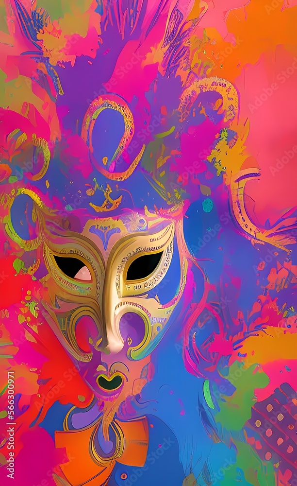 Venice carnival mask on bright colorful background. AI-generated digital illustration.