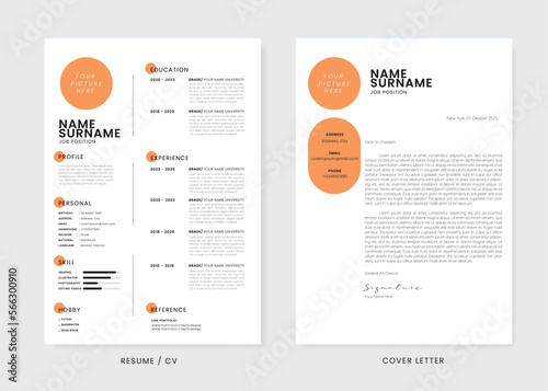 Minimalist CV Resume and Cover Letter Design Template. Super Clean and Clear Professional Modern Design. Stylish Minimalist Elements and Icons with Soft orange Color - Vector Template.
