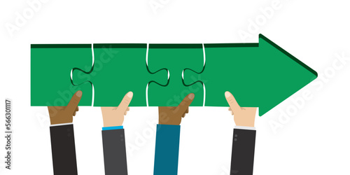 Diverse multiethnic business people are holding parts of a big arrow. Business planning, determining direction of company development or strategy. Successful way of business.