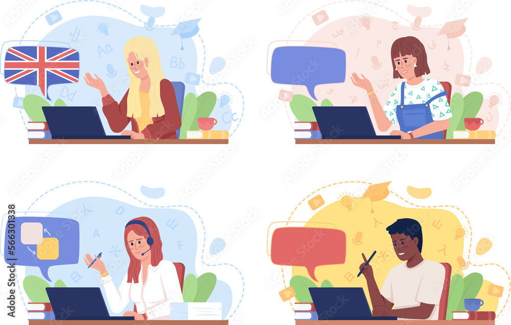 Speaking foreign language fluently 2D raster isolated illustration set. Flat characters on cartoon background. Colourful scene collection for mobile, website Speaking foreign language fluently 2D raster isolated illustration set. Flat characters on cartoon background. Colourful scene collection for mobile, website