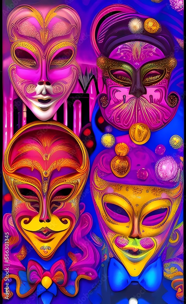 Venice carnival masks on bright colorful background. AI-generated digital illustration. Venice carnival masks on bright colorful background. AI-generated digital illustration.