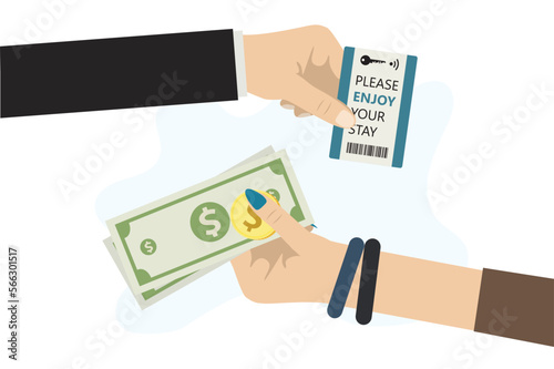 Hotel staff gives key card to open door to room, woman client keeps cash payment. Check-in, booking and payment for hotel or hostel. Process of settling in apartment. Room rental.