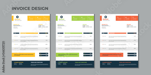 Minimal corporate Business multiple color variation a4 size vector invoice design template