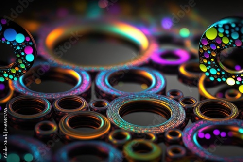 Bright glowing neon color metal steel rings and circle laser cutout pieces scattered on ground with background bokeh blur - generative AI illustration. 