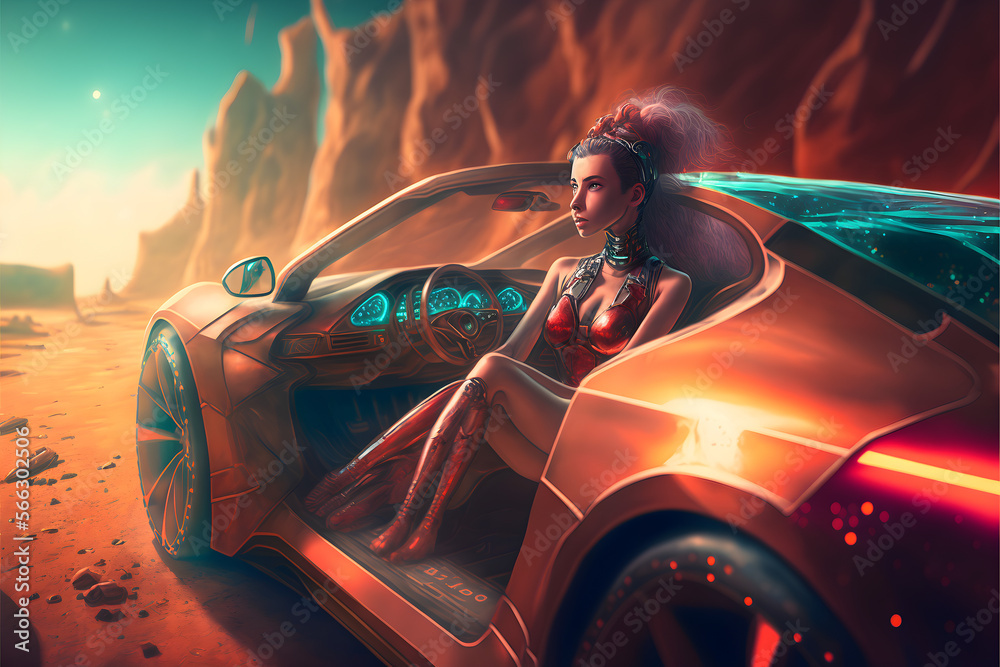 Exploring the Red in Style, Woman Driving a Car on Mars, created