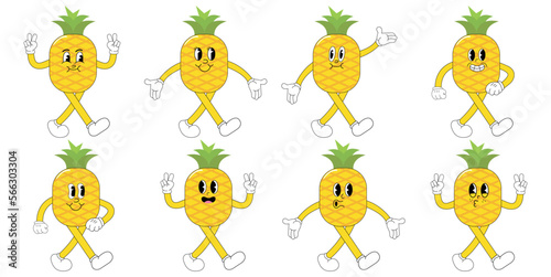 A Set of pineapple cartoon groovy stickers with funny comic characters, gloved hands. Modern illustration with legs and arms.	
