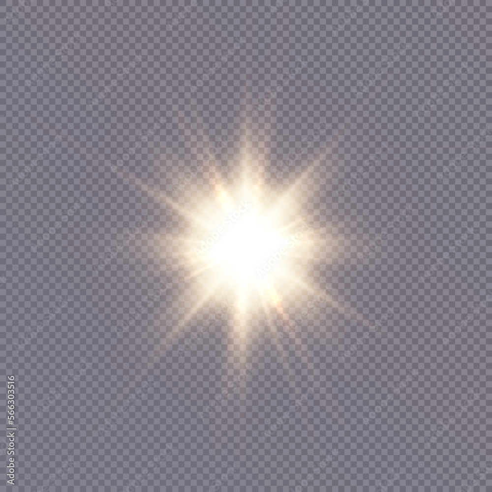 Bright sun shines with warm rays, vector illustration
Glow gold star on a transparent background. Flash of light, sun, twinkle. Vector for web design and illustrations.