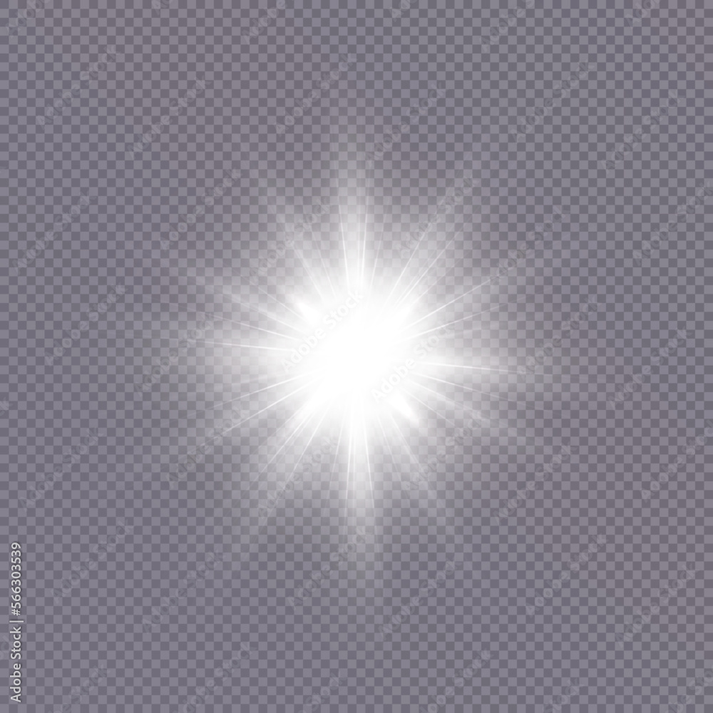 Bright sun shines with cold rays, vector illustration
Glowing white star on a transparent background. Flash of light, sun, twinkle. Vector for web design and illustrations.