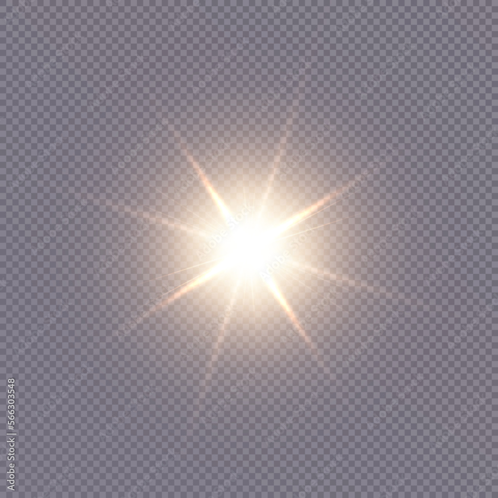 Bright sun shines with warm rays, vector illustration
Glow gold star on a transparent background. Flash of light, sun, twinkle. Vector for web design and illustrations.