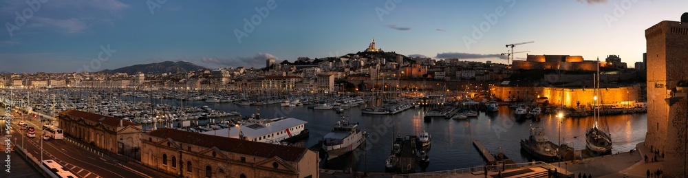 Marseille, Provence, France - Extra large panoramic view over the old harbor at dusk
