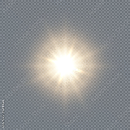 Bright sun shines with warm rays, vector illustration Glow gold star on a transparent background. Flash of light, sun, twinkle. Vector for web design and illustrations.