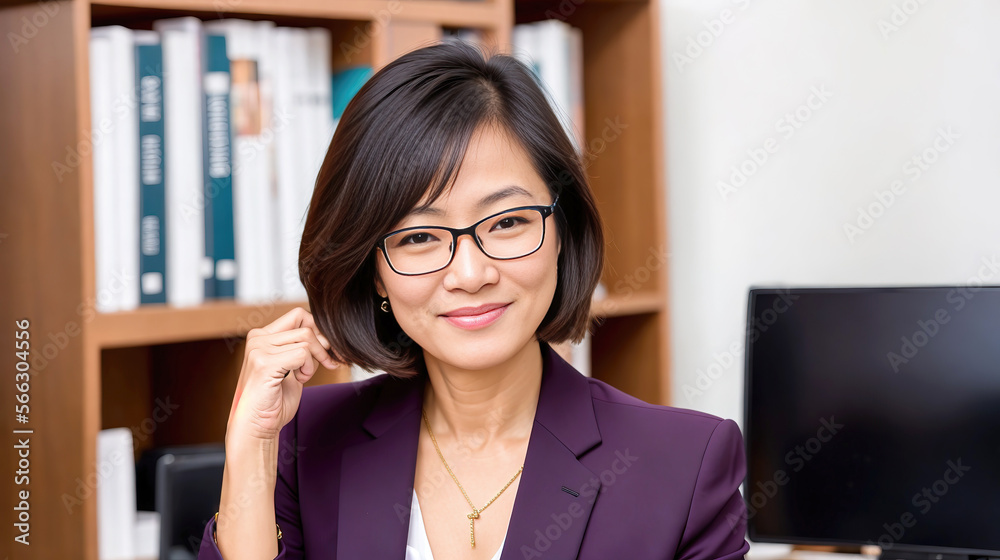 portrait asian confident short hair wearing glasses woman in suit in the office , generative art by A.I. portrait asian confident short hair wearing glasses woman in suit in the office , generative art by A.I.