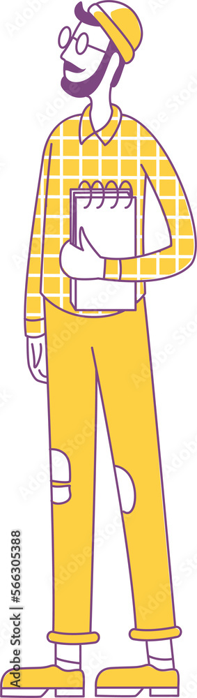 Man with beard semi flat color raster character. Standing figure. Full body person on white. Holding sketchbook simple cartoon style illustration for web graphic design and animation