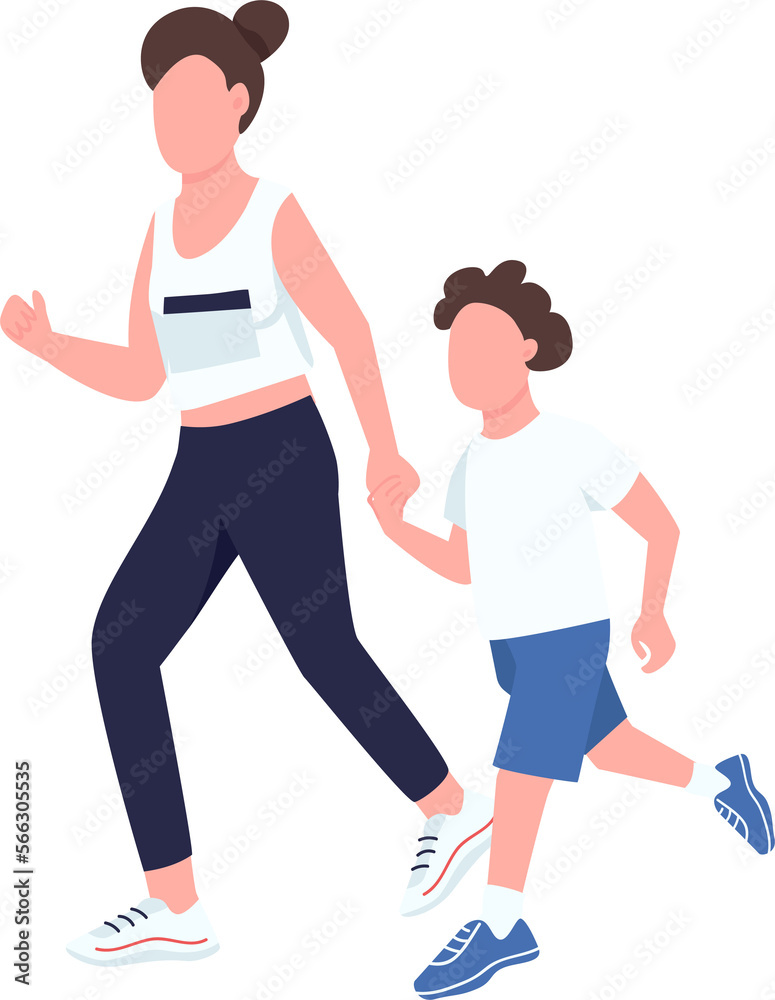 Mother and son running semi flat color raster characters. Posing figures. Full body people on white. Sprint competition simple cartoon style illustration for web graphic design and animation Mother and son running semi flat color raster characters. Posing figures. Full body people on white. Sprint competition simple cartoon style illustration for web graphic design and animation