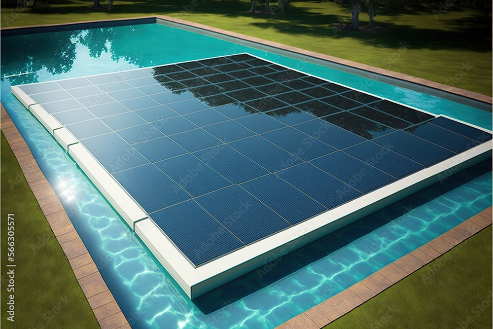 Swimming pool with floating solar panels on the surface, concept of