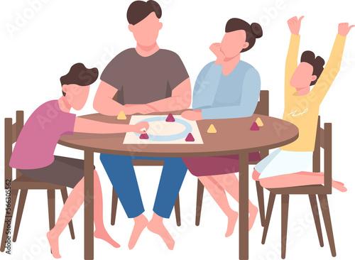 Family members play board game semi flat color raster characters. Sitting figures. Full body people on white. Simple cartoon style illustration for web graphic design and animation