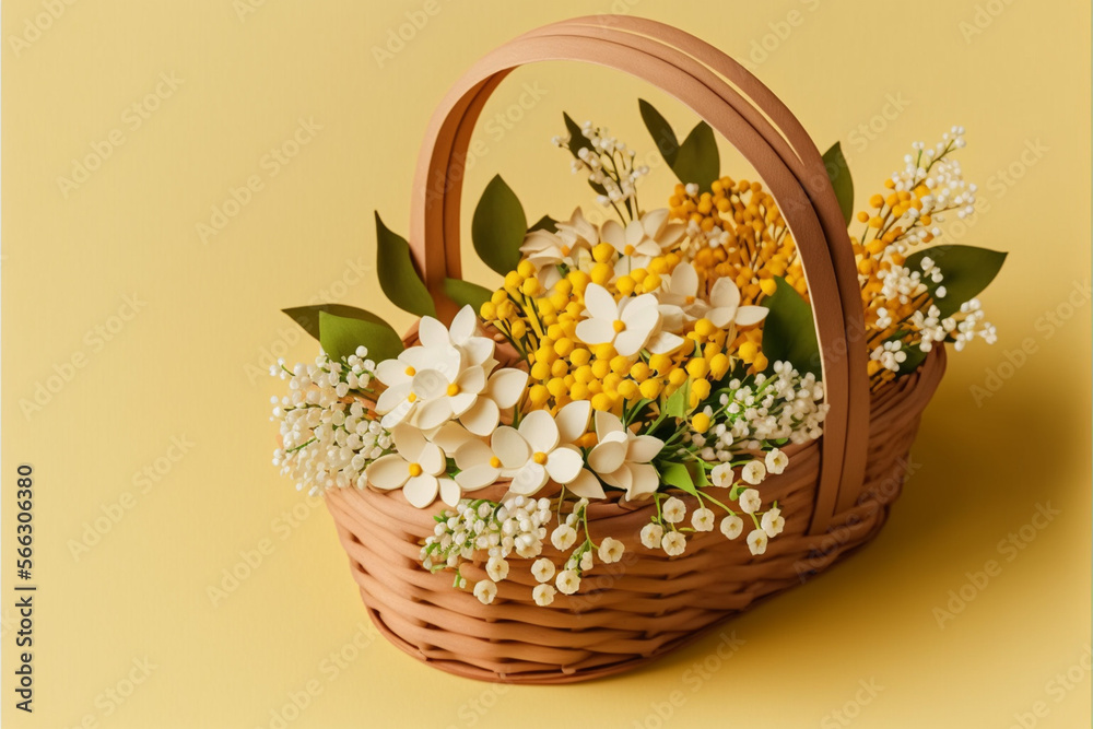 Brightening Up the Room with Spring Blooms: A Wooden Basket of White Flowers in a Flat Lay Composition on a Yellow Background