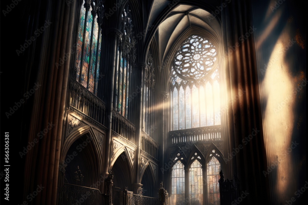 Sunlight entering through huge rosetta window in church. Fantasy magical scene. Generative ai.