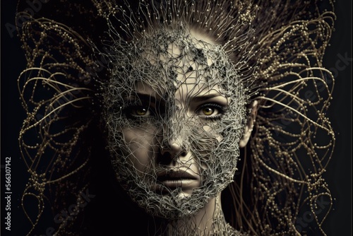 Woman with face made of computer chips and hairs made of wires, concept of Technology Fusion and Cyberpunk Aesthetic, created with Generative AI technology