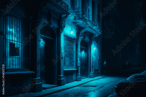 A bright blue neon light illuminating the dark street, casting a cool glow on the surrounding buildings © v.senkiv