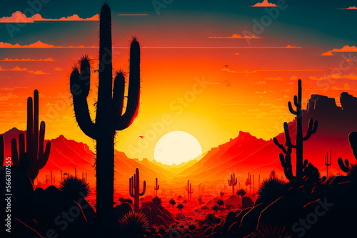 a cactus desert sunset comic book style cinematic
