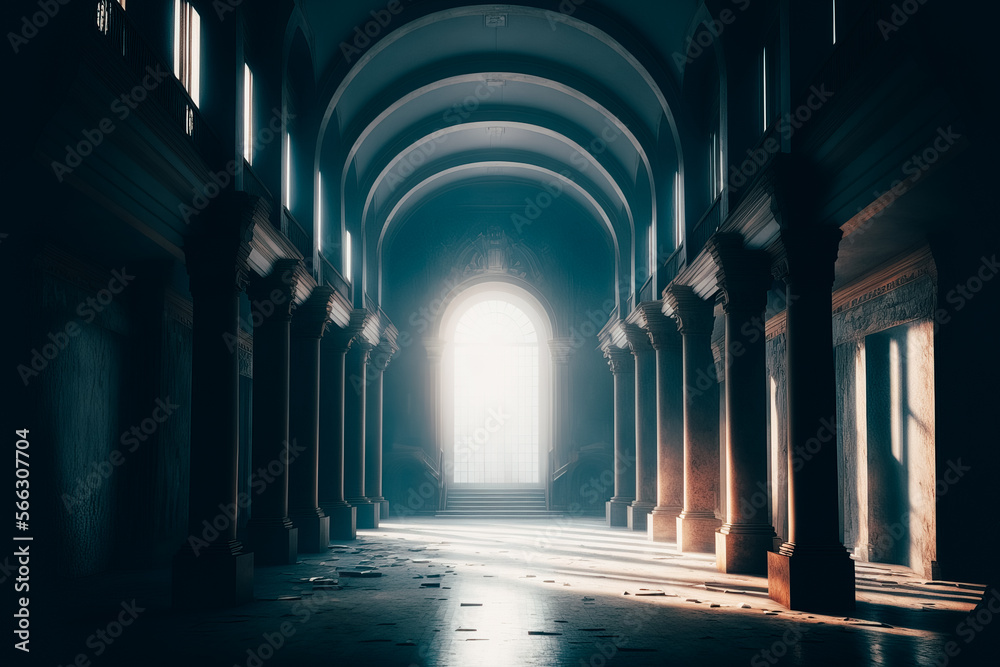 Fototapeta premium A cavernous empty hall, with natural light streaming in through tall windows