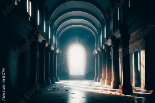 A cavernous empty hall  with natural light streaming in through tall windows