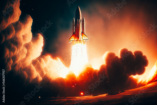 A close-up of the rocket's nozzle as it blasts off into space, with the bright flames illuminating the surrounding darkness