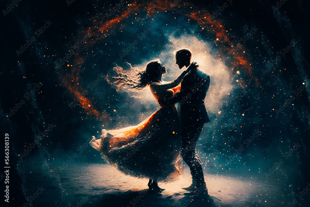 Naklejka premium A couple dancing in a dreamlike, starry setting