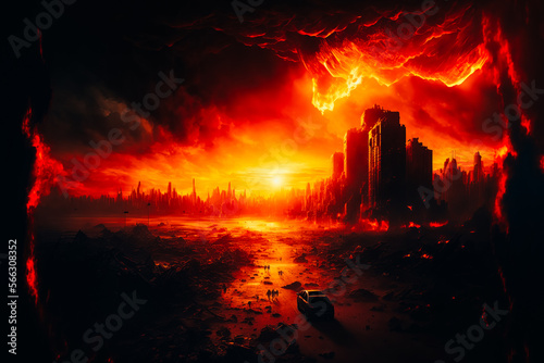 A fiery apocalypse with intense heat and the destruction of civilization