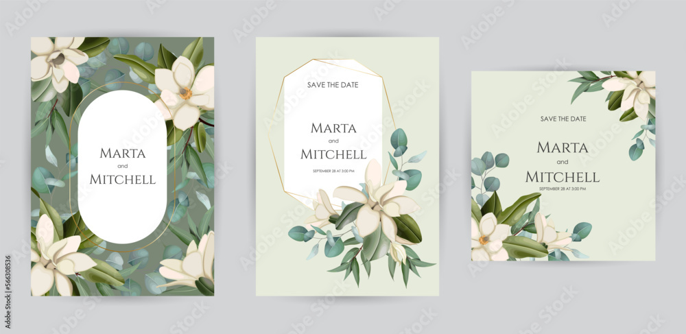 Wedding invitation set of card with leaves. Design with forest green leaves, magnolia, eucalyptus, fern & golden geometric frame. Floral Trendy templates for banner, flyer, poster, greeting.