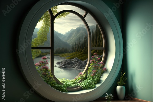 River view from window. Generative AI. photo