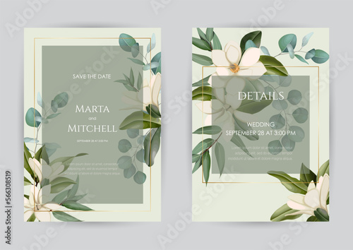 Wedding invitation set of card with leaves. Design with forest green leaves, magnolia, eucalyptus, fern & golden geometric frame. Floral Trendy templates for banner, flyer, poster, greeting.