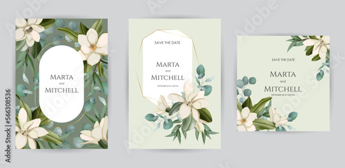 Wedding invitation set of card with leaves. Design with forest green leaves, magnolia, eucalyptus, fern & golden geometric frame. Floral Trendy templates for banner, flyer, poster, greeting.