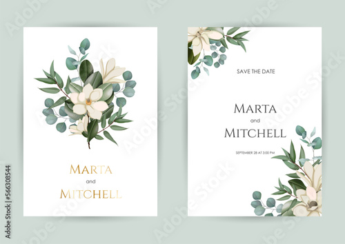 Wedding invitation set of card with leaves. Design with forest green leaves, magnolia, eucalyptus, fern & golden geometric frame. Floral Trendy templates for banner, flyer, poster, greeting.