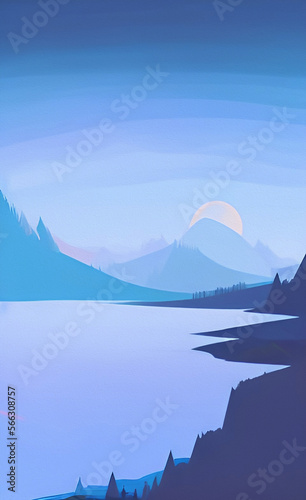 Landscape with sea and mountains, colorful illustration, background, wallpaper, flyer