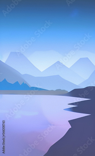 Landscape with sea and mountains, colorful illustration, background, wallpaper, flyer