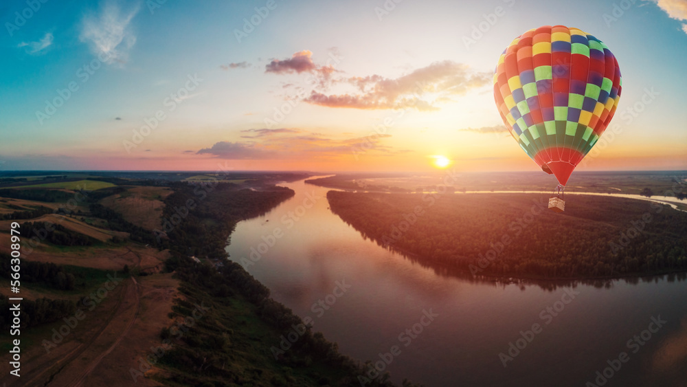 Hot air balloons floating up to the sky. Panorama, bird's eye view