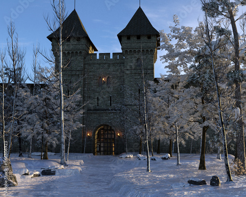 Historical castle in snowy winter forest.