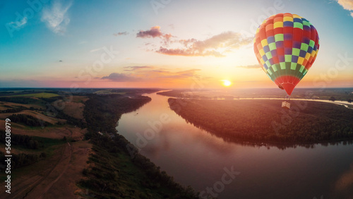 Hot air balloons floating up to the sky. Panorama, bird's eye view