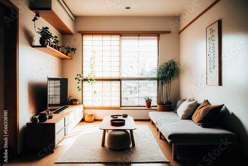 A living room designed in Japan Style, clean lines, minimalistic, natural materials, neutral colors, wooden flooring, large windows © v.senkiv