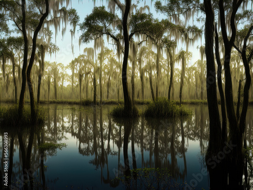 Swampy marshland. Palm trees. Tropical forest. 