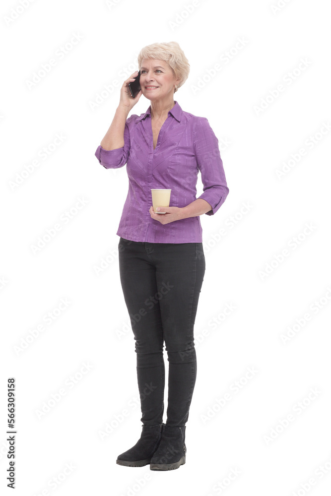 smiling mature woman with smartphone and coffee to takeaway. smiling mature woman with smartphone and coffee to takeaway.