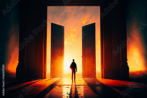 A person standing in front of a large door  symbolizing the entrance to opportunity and a brighter future