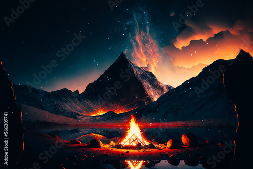 A serene and peaceful picture of a campfire burning in the heart of the mountains