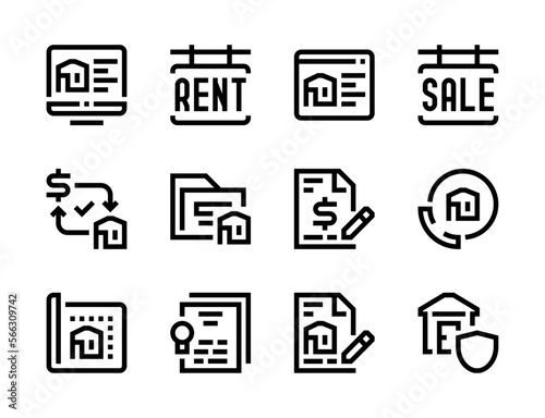 Real Estate, Rental Property and Realtor services line vector icons. House for rent and sale editable stroke outline icon set. © NikWB