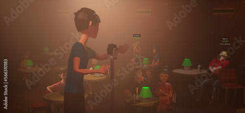 People playing as avatars watching and tipping live comedian performing stand-up monologue on a stage VR comedy club in metaverse