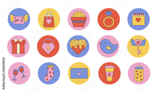 Cute cartoon love stickers. Happy valentine's day icons. Retro style illustration. Flat valentine's elements.