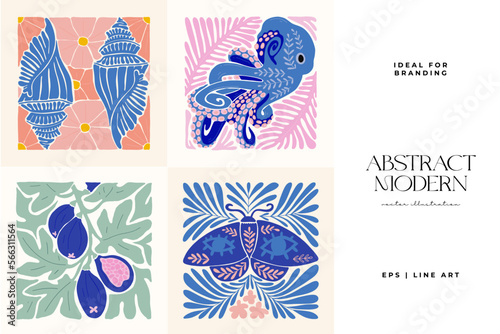 Abstract art posters template. Modern trendy Matisse minimal style. Pink, blue, yellow colors. Hand drawn design for wallpaper, wall decor, print, postcard, cover, template, banner. 